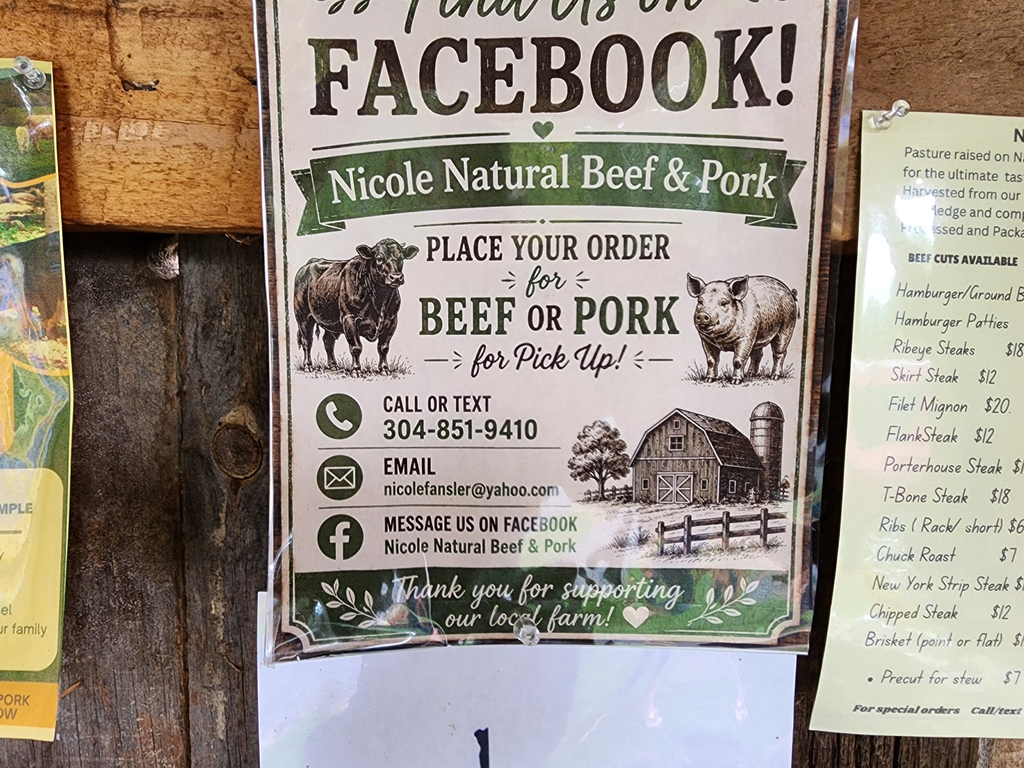 Nicole Natural Beef and Pork order flyer displayed at the local farm stand